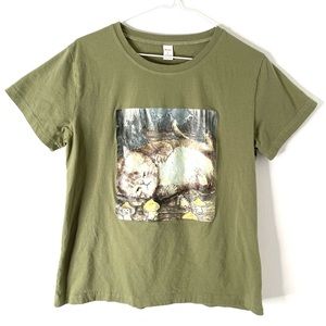 Olive Green Graphic Cat Tee - Women